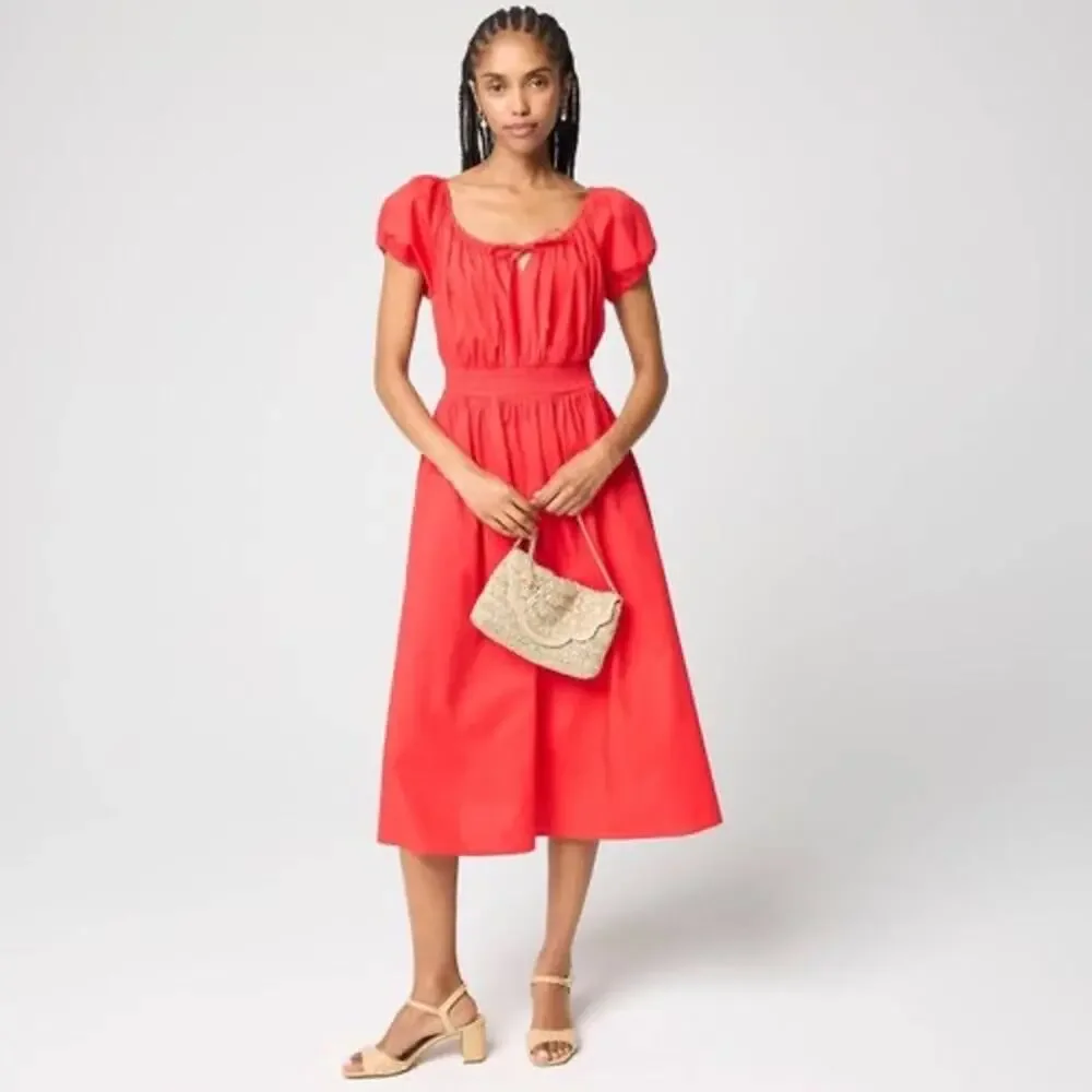 NWT J. Crew Sz LP Smocked Waist Midi Dress Bright Red Peasant Puff Sleeve Cotton